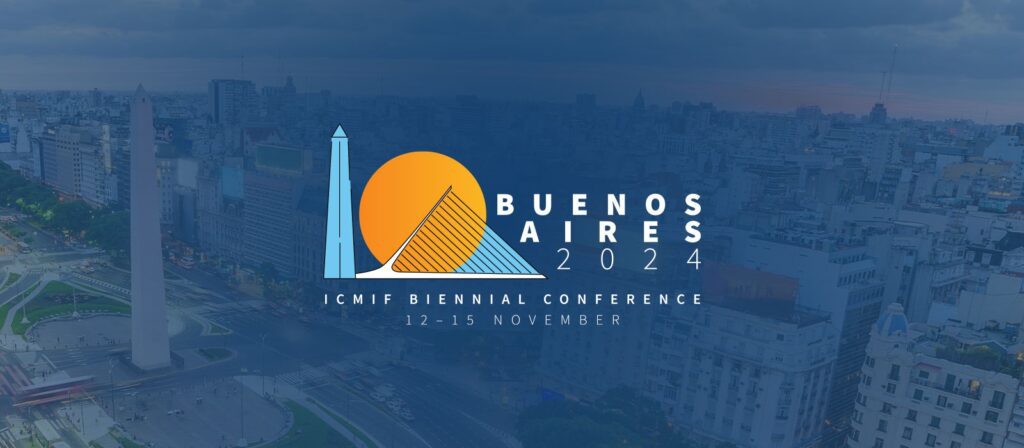 Event banner with Buenos Aires skyline in the background. Illustrations of the Obelisk and sun, text reads: Buenos Aires 2024 ICMIF Biennial Conference 12–15 November.