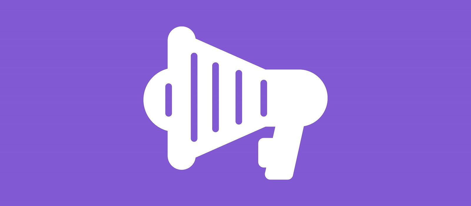 White megaphone icon with sound lines on a solid purple background.