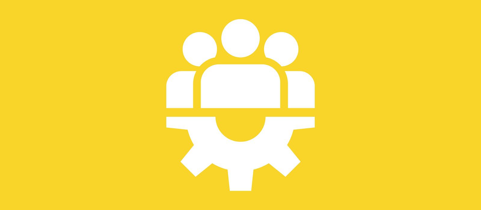 White icon of three people above a gear, symbolizing teamwork or collaboration, on a solid yellow background.