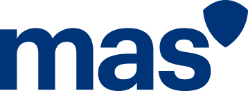 The image shows the word mas in bold, lowercase blue letters followed by a blue shield-shaped icon.