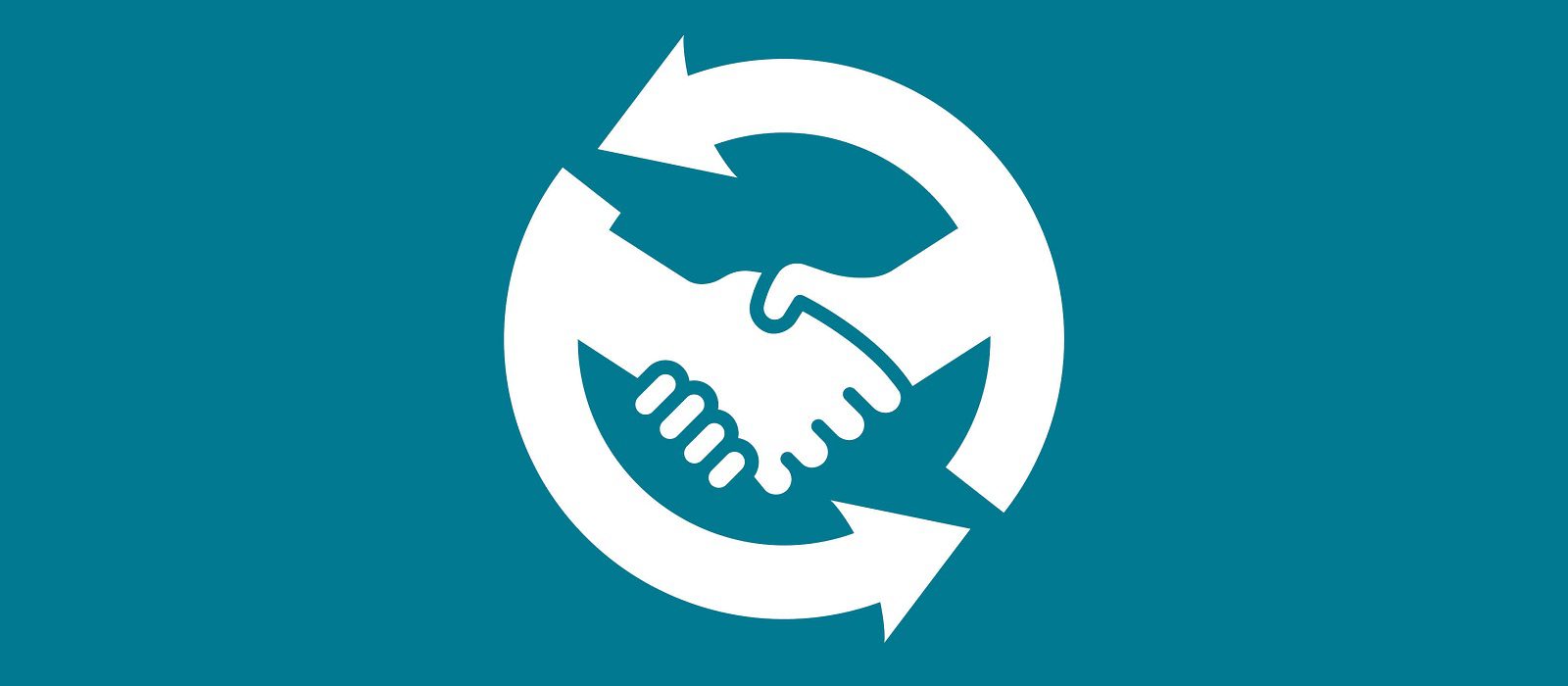A white graphic of two hands shaking inside a circular arrow, symbolizing partnership, collaboration, or agreement, on a teal background.