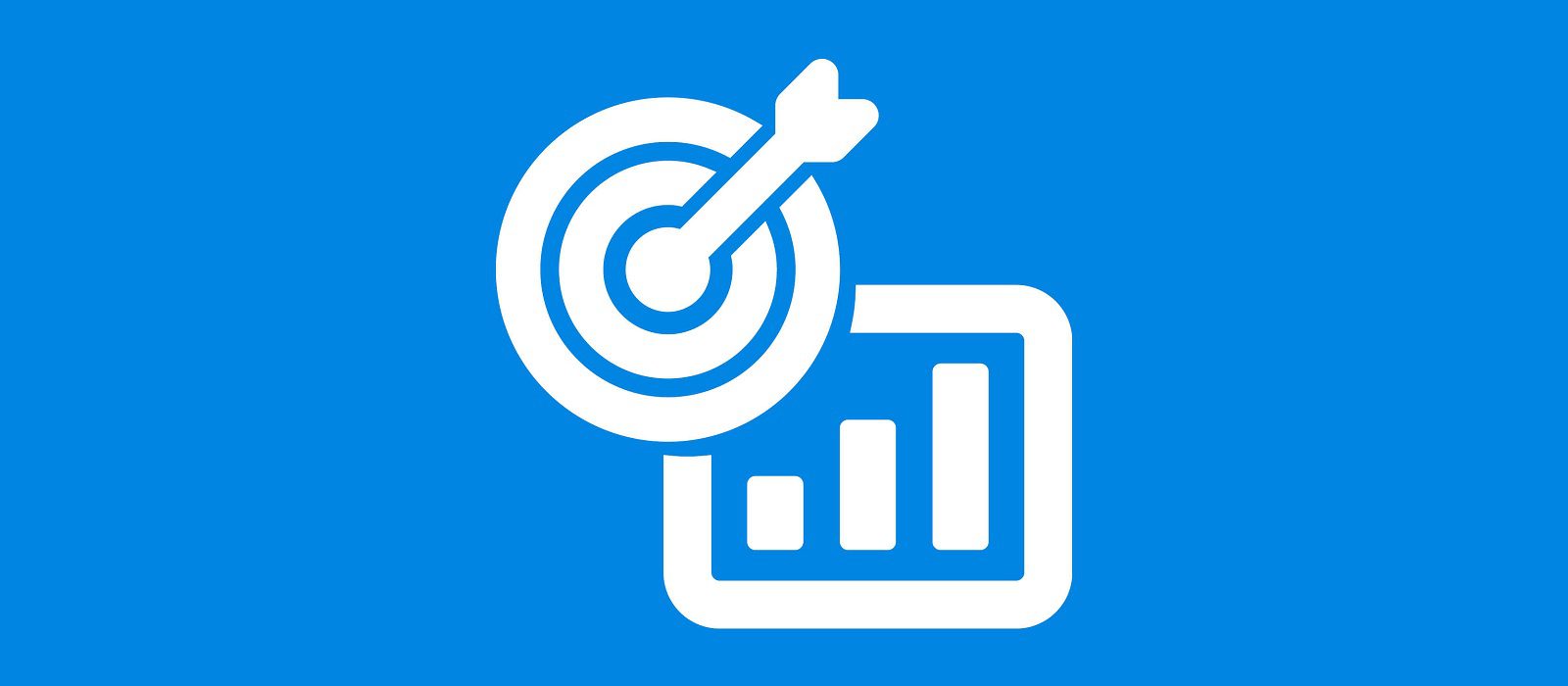 A white target with an arrow in the center overlaps a bar chart icon on a blue background, representing achievement, success, or business goals.