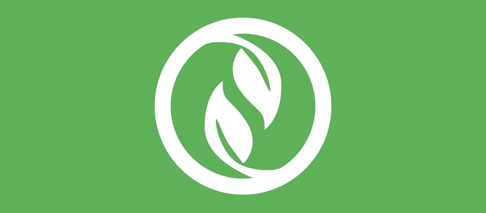 A white circular logo with two stylized leaf shapes inside, set against a green background.
