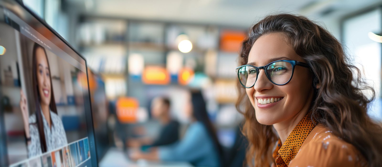 A smiling woman with glasses sits at a desk, participating in a video call on her computer in a bright, modern office with colleagues working in the background.