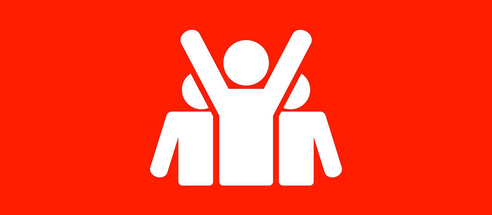 White icons of three people on a bright red background. The center figure has arms raised, while the two figures on either side have arms by their sides, symbolizing teamwork or celebration.