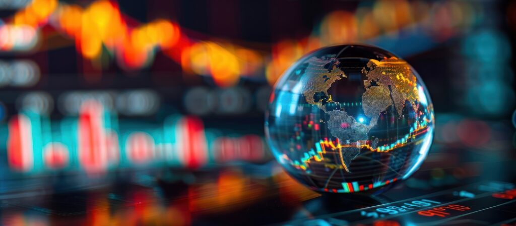 A glass globe with a map of the Americas sits on a reflective surface, with colorful, blurred stock market charts and graphs in the background, symbolizing global finance and economic trends.