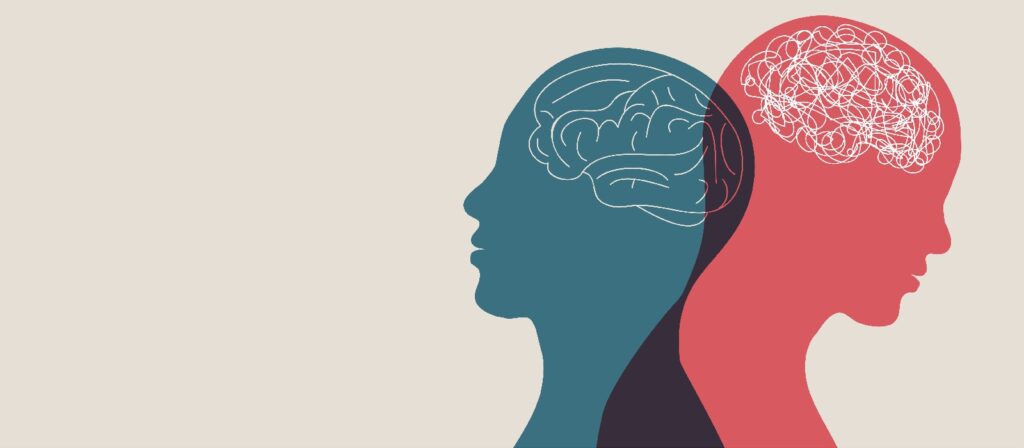 Two overlapping human silhouettes facing opposite directions; the blue figure has a simple brain illustration, while the red figure has a scribbled, chaotic brain to symbolize mental health or contrasting states of mind.