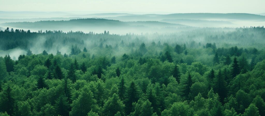 A dense, green forest stretches across rolling hills, with mist rising between the trees and fading into the distance under a hazy sky.