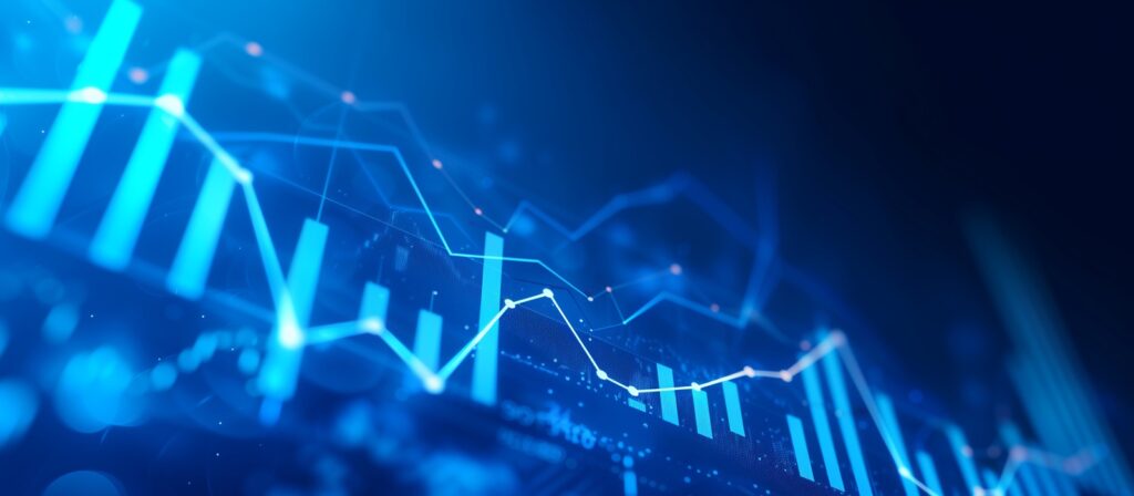A digital graphic shows glowing blue bar charts and fluctuating line graphs on a dark background, representing financial data analysis or stock market trends.