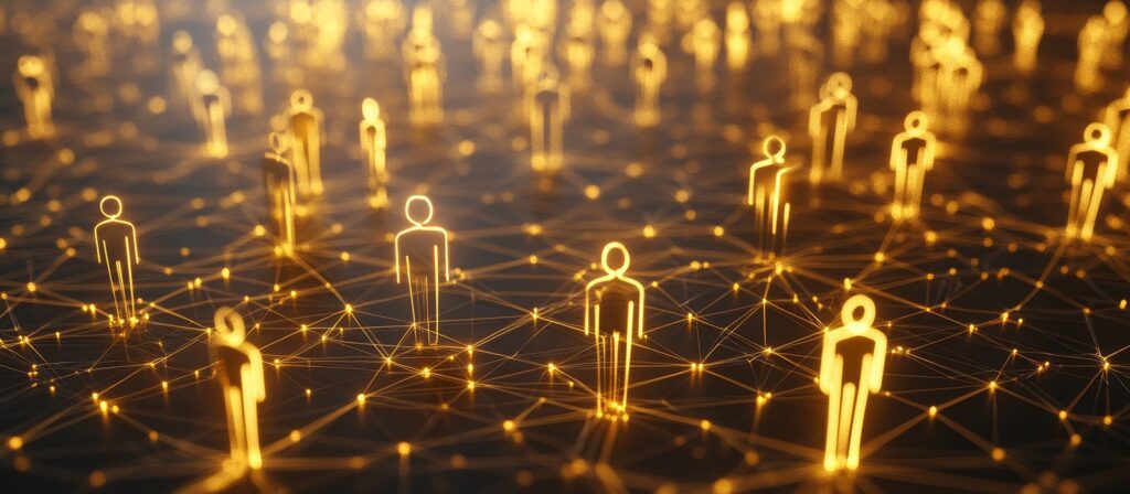 Glowing golden stick-figure icons connected by illuminated lines on a dark background, representing a network of people or digital connectivity.