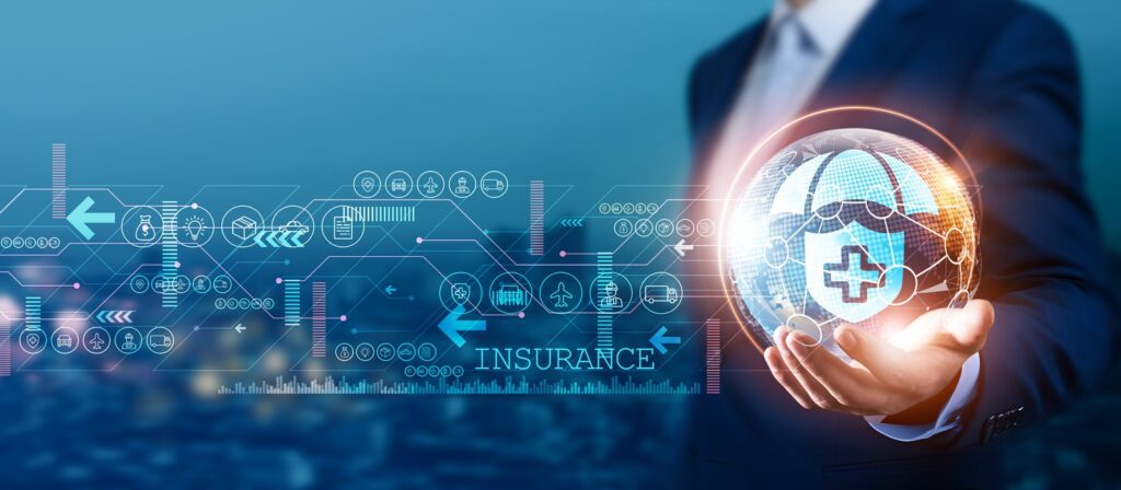 A person in a suit holds a glowing sphere with a medical cross and shield icon, surrounded by digital insurance-related graphics and icons on a blue background.