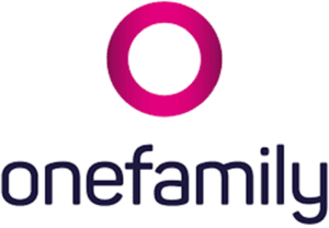 The image shows the OneFamily logo, featuring a pink circular ring above the lowercase word onefamily written in dark blue letters.