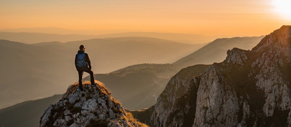 A person with a backpack stands on a rocky mountain peak, looking out over layers of distant hills and valleys at sunrise or sunset, with warm golden light illuminating the scene.
