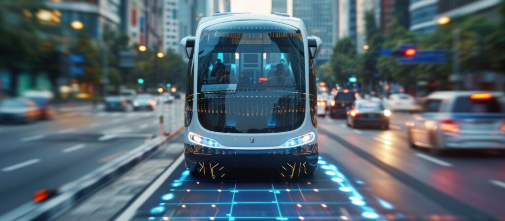 A modern, futuristic bus drives down a busy city street, surrounded by digital lines and glowing patterns, suggesting advanced technology or autonomous driving features. Tall buildings and blurred traffic are visible in the background.