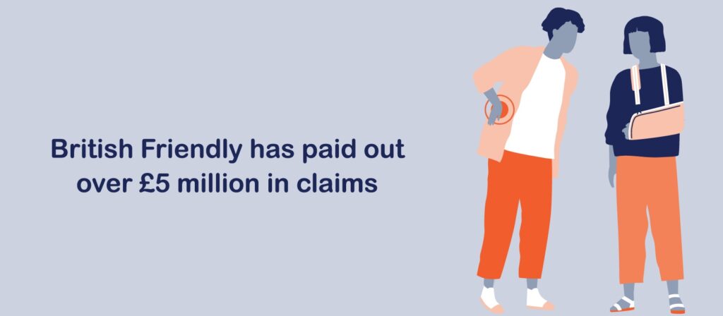 Illustration of two people, one with an arm in a sling, beside text that reads: British Friendly has paid out over £5 million in claims.