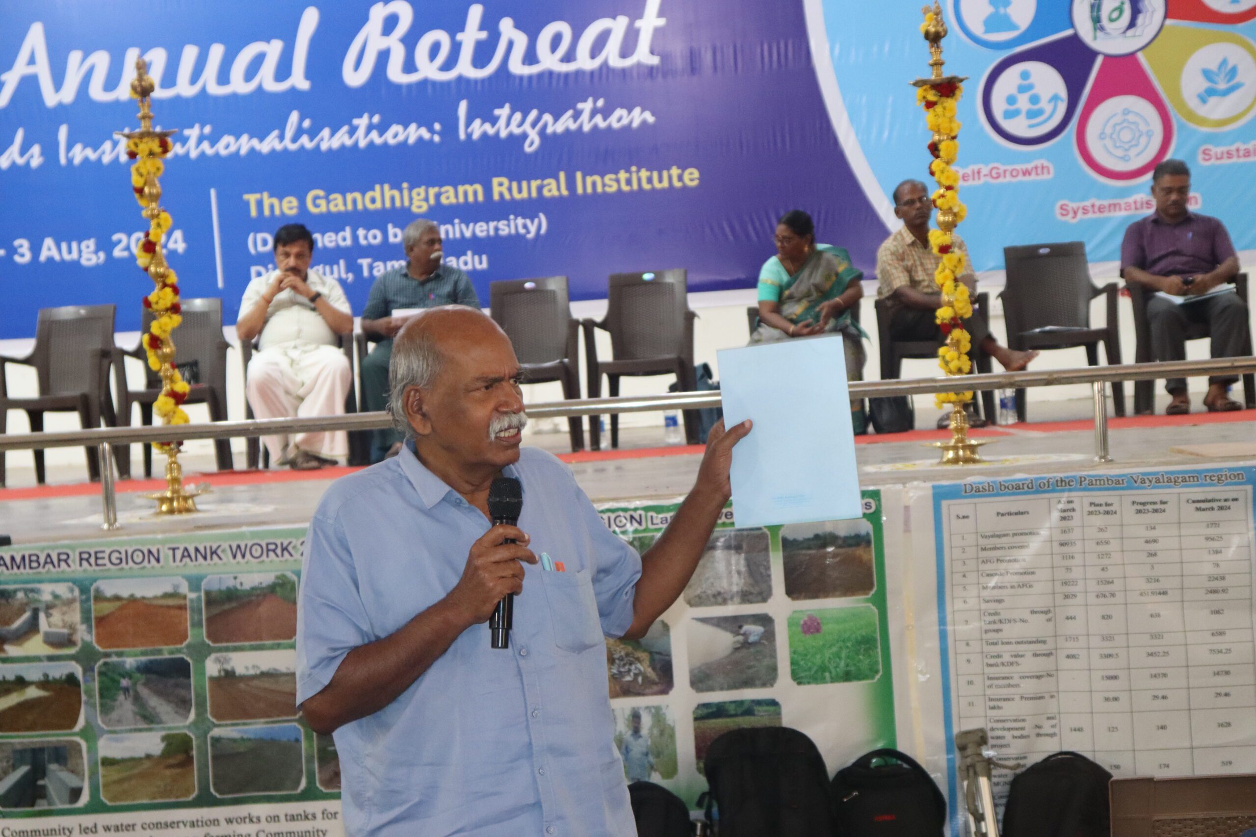 An elderly man speaks into a microphone and holds up a blue paper on stage at a conference, with people seated behind him and a banner reading “Annual Retreat” and “The Gandhigram Rural Institute” in the background.