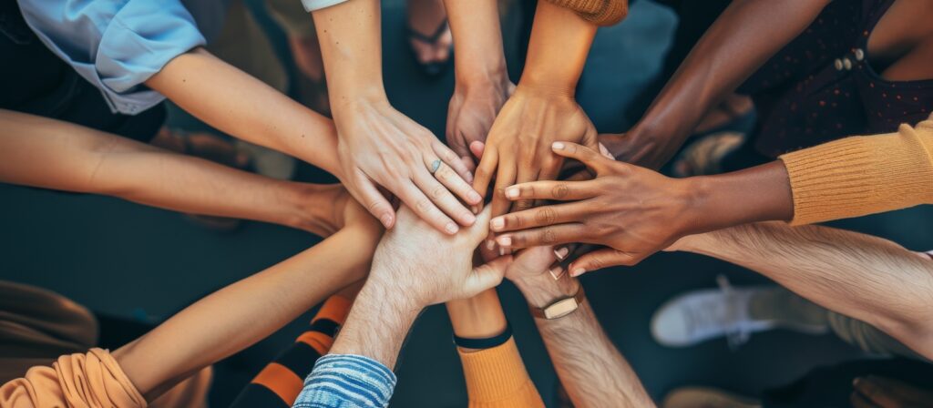 A diverse group of people stand in a circle, each reaching their hands towards the centre, overlapping and touching in a gesture of unity and teamwork.