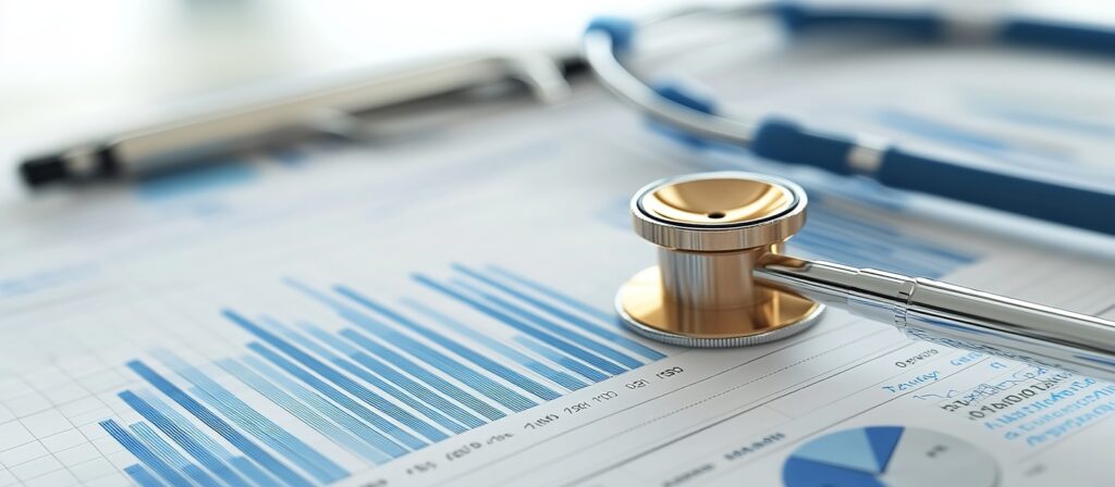 A stethoscope is lying on top of a medical chart with blue bar graphs and a clipboard, representing healthcare data analysis and medical statistics.