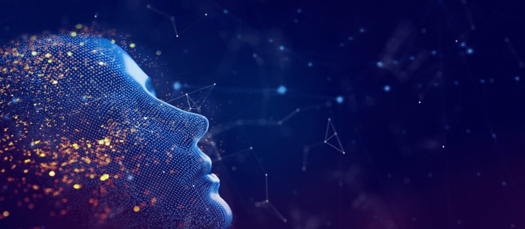 A digital, abstract side profile of a human face dissolving into glowing particles, set against a dark blue background with interconnected lines and dots suggesting technology or artificial intelligence.