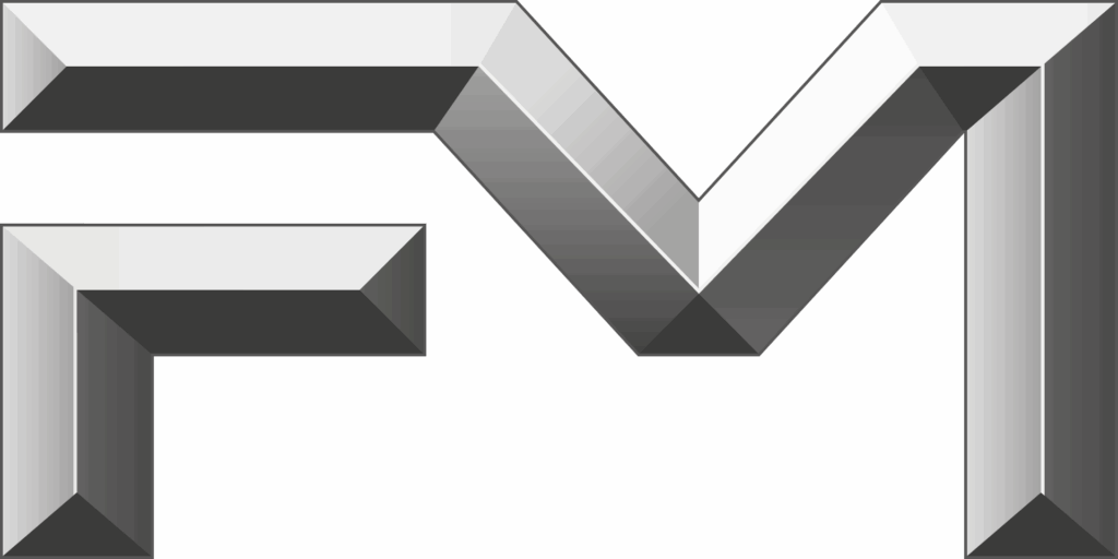 Bold, angular letters FM in 3D geometric style with white, grey, and black shading, creating a metallic, modern appearance.