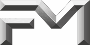 Bold, angular letters FM in 3D geometric style with white, grey, and black shading, creating a metallic, modern appearance.