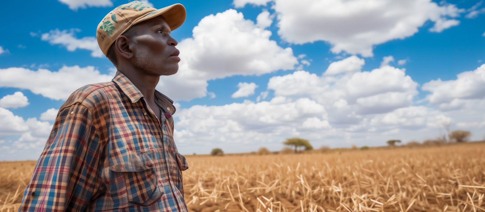 A man in a checked shirt and cap stands in a dry, harvested field under a bright blue sky with fluffy white clouds, looking thoughtfully into the distance.