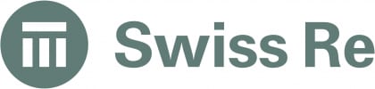 The Swiss Re logo features a circular icon with three vertical lines under a horizontal bar, resembling a stylised building, next to the text Swiss Re in grey-green font.