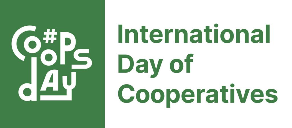 Green and white graphic with the words CoopsDay stylised on the left and International Day of Cooperatives in bold green text on the right.
