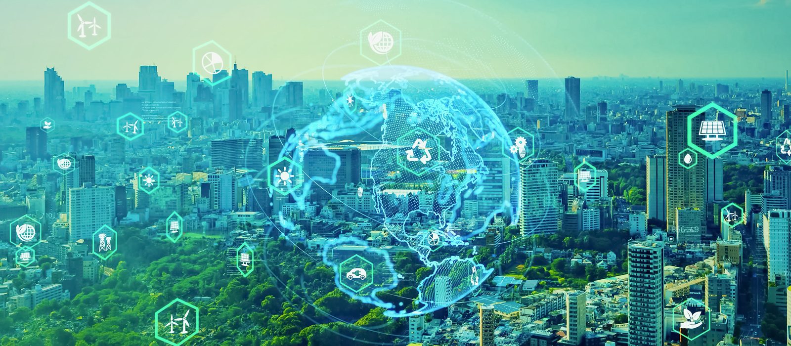 A city skyline with digital icons and a glowing globe overlay, representing sustainability and technology concepts such as renewable energy, recycling, and eco-friendly innovation.