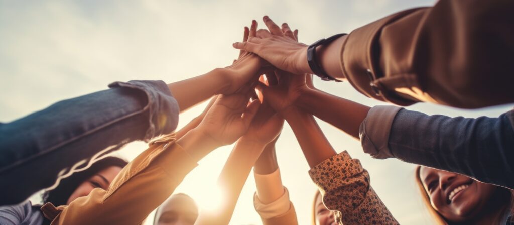 A group of people standing in a circle raise their hands together in a high-five gesture, smiling and celebrating as sunlight shines in the background.