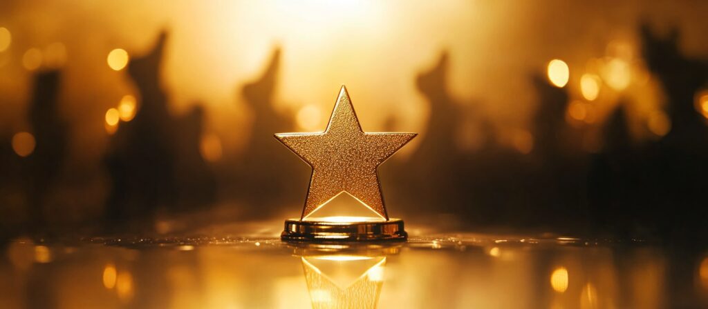 A golden star-shaped trophy stands on a shiny surface, surrounded by a warm, glowing background with blurred lights and abstract shapes.