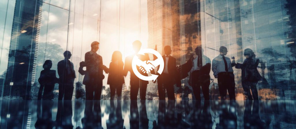 Silhouettes of business people stand and interact in front of large windows with city views, sunlight shining through. A white icon of shaking hands and a circular arrow is superimposed at the centre.