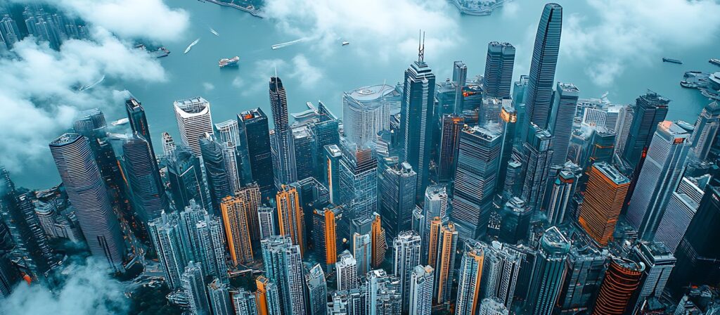 Aerial view of a dense city skyline with tall skyscrapers, partially covered by clouds, along a waterfront with boats visible on the water.