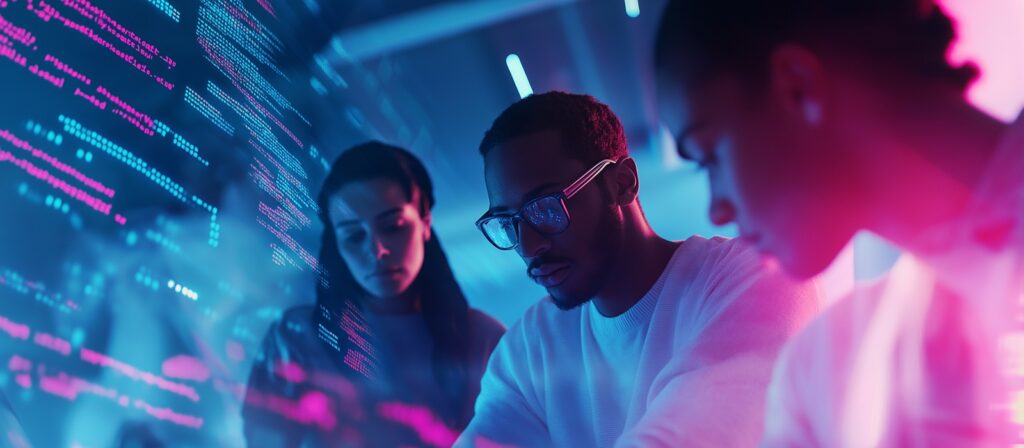 Three people work together at computers in a dim, neon-lit room with glowing code projected in the foreground, suggesting a tech or programming environment.
