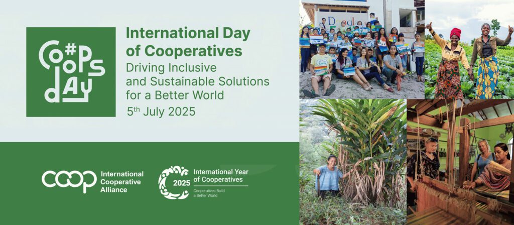 A banner for the International Day of Cooperatives 2025 shows diverse people working together in agriculture and crafts, with event details and logos for the International Co-operative Alliance and International Year of Co-operatives.