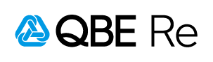 QBE Re logo featuring a blue abstract triangular symbol on the left and the text QBE Re in black on a light gray background.