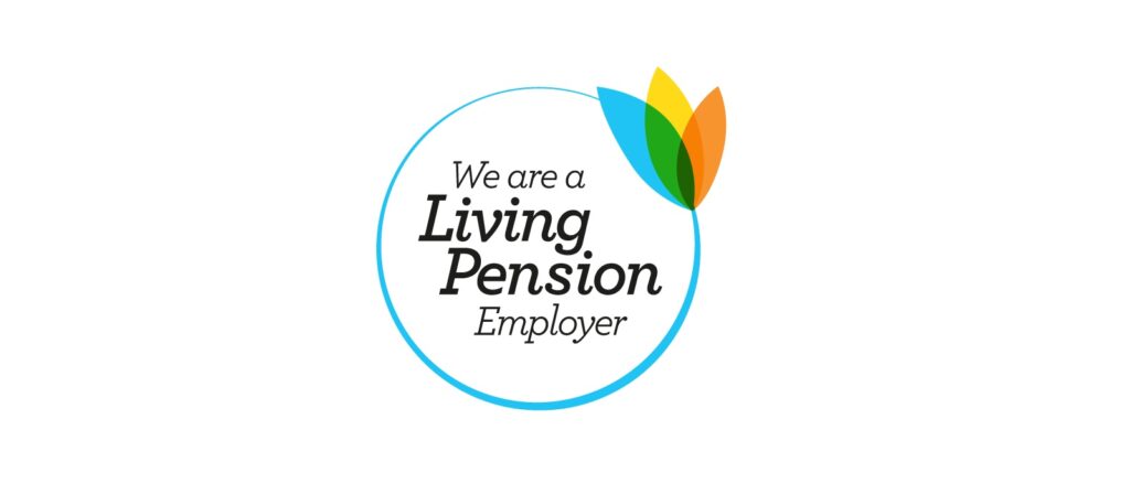 Logo with the text We are a Living Pension Employer inside a blue circle, with three overlapping leaf shapes (yellow, green, and orange) at the top right edge of the circle.