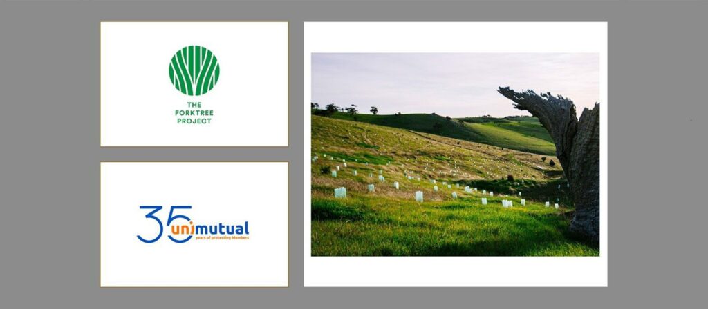 A photo collage with two logos on the left: The Forktree Project (green tree icon) and 35 Unimutual (blue and orange text), and on the right, a grassy hillside with tree stumps and saplings.