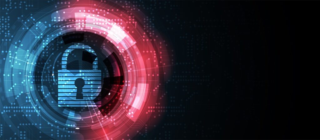 A digital graphic of a padlock surrounded by blue and red glowing circular patterns, symbolising cybersecurity and data protection on a dark background.