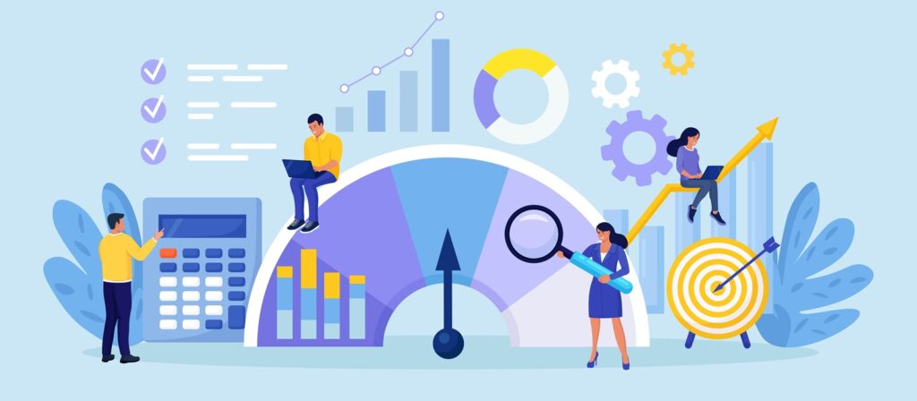 Illustration of people analysing data with charts, graphs, a calculator, a target with arrow, gears, and a gauge, representing business performance and analytics.