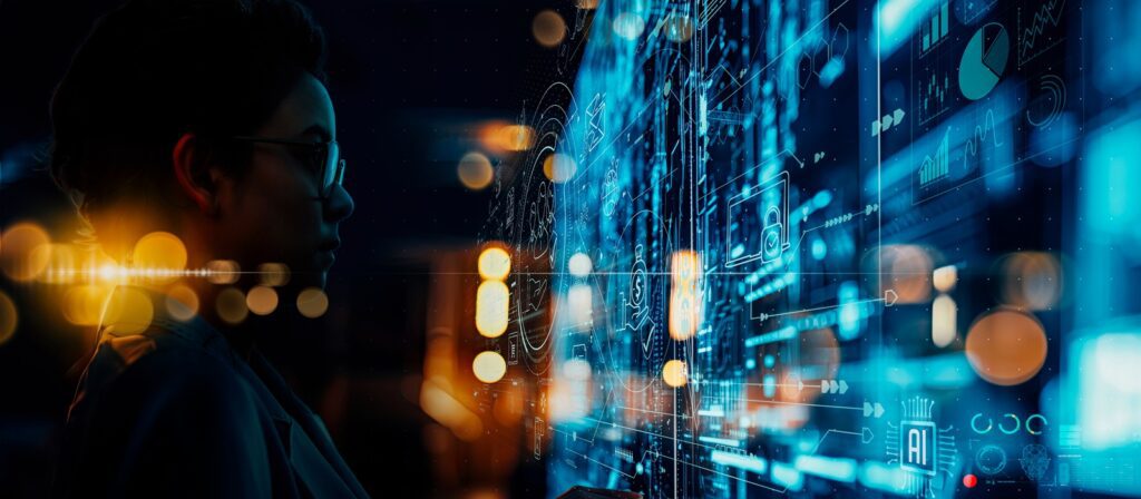 A person in glasses looks at a large transparent digital screen filled with blue data charts, graphs, and futuristic interface elements, with blurred city lights in the background.