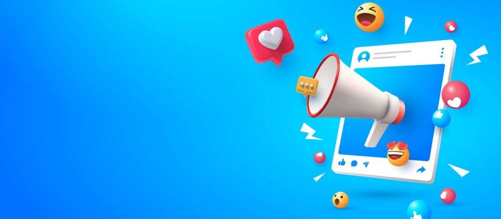 A megaphone emerges from a social media post surrounded by emojis, like and heart icons, on a bright blue background, symbolising online engagement and digital communication.