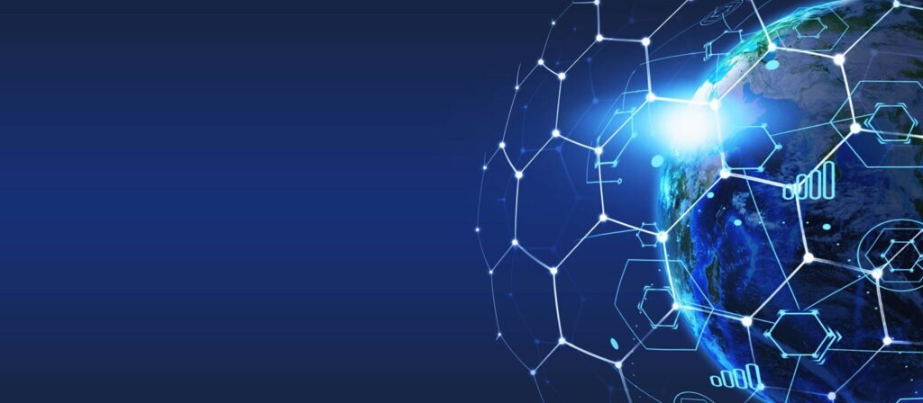 Half of a glowing digital Earth with hexagonal network lines and technology icons overlays a dark blue background, symbolising global connectivity, technology, and the digital world.