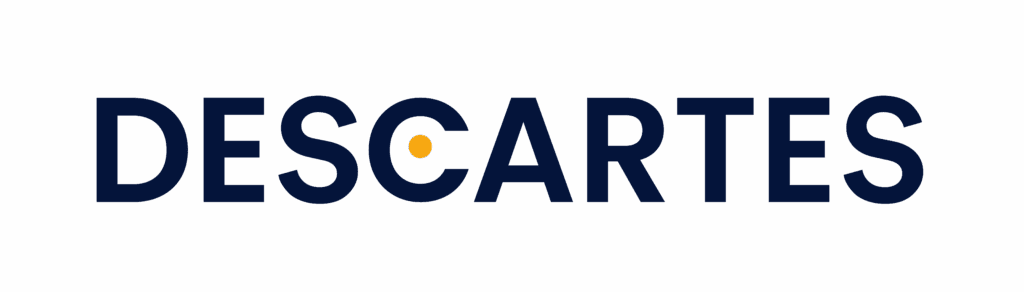 The image displays the word DESCARTES in bold, dark blue capital letters on a light grey background, with the letter A featuring a yellow dot in place of its crossbar.