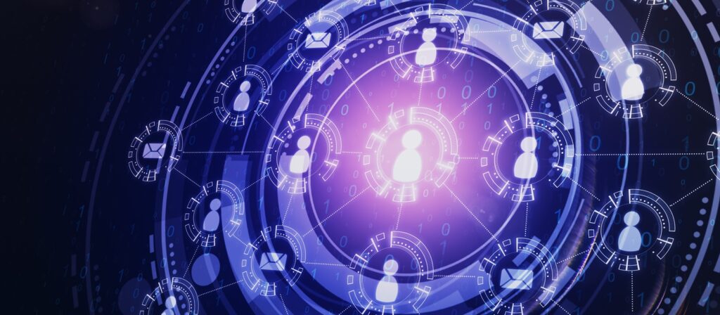 A digital graphic with glowing icons of people connected by circular lines, symbolising a network or social connections, set against a dark blue background with technological elements and binary code.