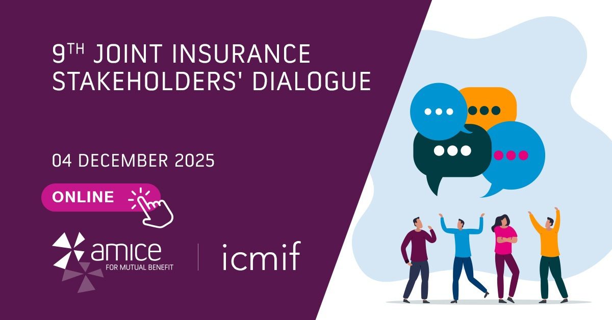 Event banner for the 9th Joint Insurance Stakeholders’ Dialogue on 4 December 2025, held online. Includes AMICE and ICMIF logos, chat bubbles, and four illustrated people celebrating.