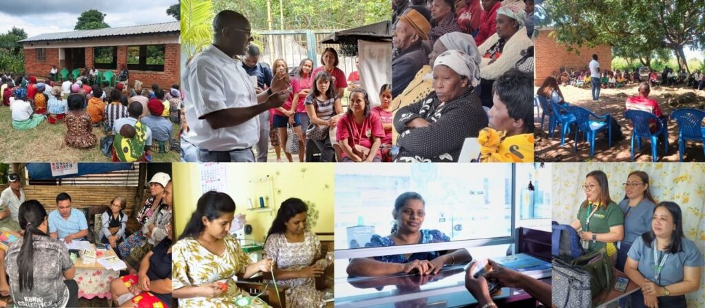 A collage of community health outreach scenes showing group education sessions, women in discussion, healthcare workers assisting patients, and people receiving services in clinics and outdoor settings.