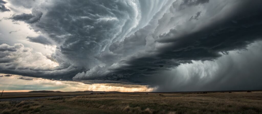 A dramatic thunderstorm with swirling dark clouds looms over a vast open plain, with rain falling in the distance and sunlight faintly glowing on the horizon.