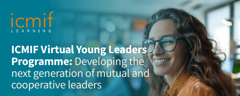 A smiling young woman with glasses looks to the side. Text reads: ICMIF Virtual Young Leaders Programme: Developing the next generation of mutual and co-operative leaders. The ICMIF Learning logo is above the text.