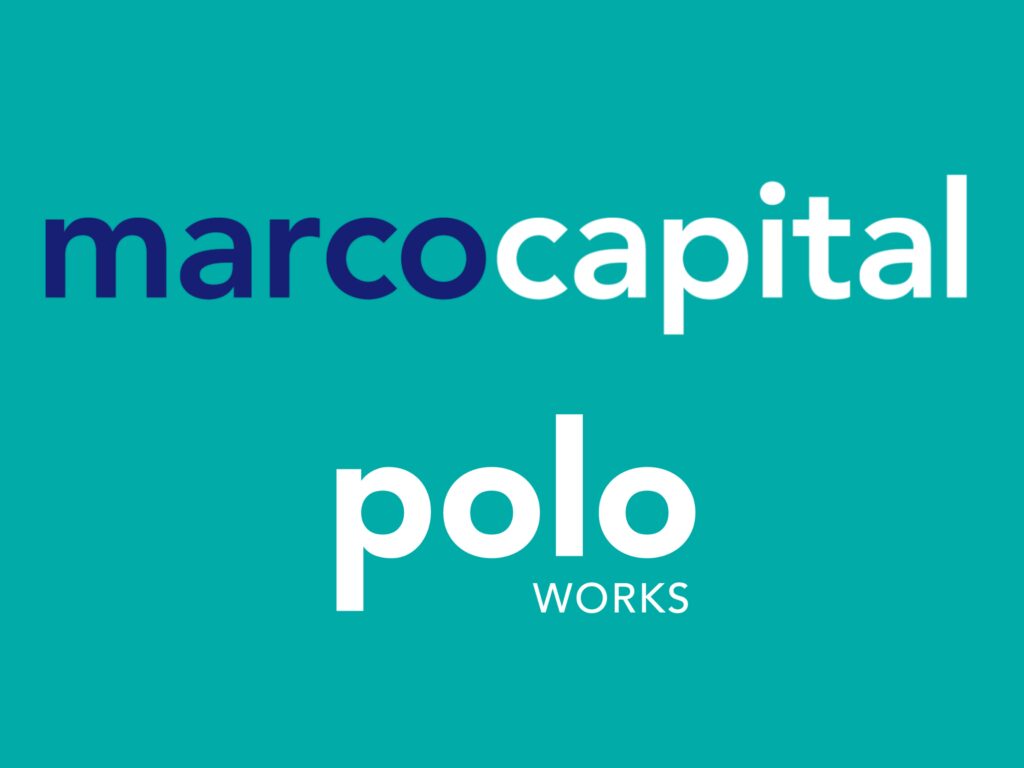 Logo on a teal background with the words marcocapital above polo WORKS, using bold, modern white and navy blue text.